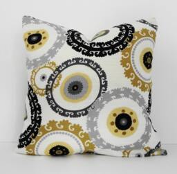 Suzani Pillow Cover Black, Gold & Gray Linen Blend Throw Cushion - 18x18