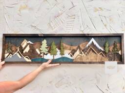 Reclaimed Wood Mountain Wall Art Sunset Moon Scape Decor - thumbnail 1