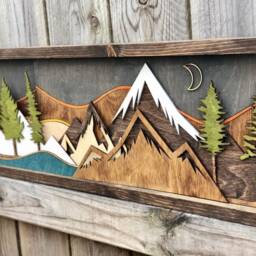 Reclaimed Wood Mountain Wall Art Sunset Moon Scape Decor - thumbnail 4