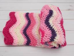 Crocheted Baby Blanket Afghan Rug Zig Zag Chevron - Car Seat, Stroller, Pram Multicolored Pink Cream Purple Stripes Girl - thumbnail 1