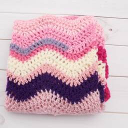 Crocheted Baby Blanket Afghan Rug Zig Zag Chevron - Car Seat, Stroller, Pram Multicolored Pink Cream Purple Stripes Girl - thumbnail 2