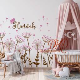 Dandelions Nursery Wall Decal Butterflies, Custom Name Vinyl Art - thumbnail 3