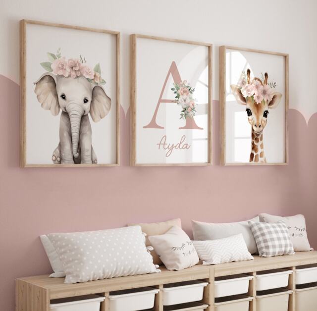 Safari Floral Animals, Nursery Prints, Nursery Decor, Girls, Baby, Pink Nursery, Jungle Decor, Boho Nursery, Toddler Bedroom, Playroom, Kids, Wall - image 1