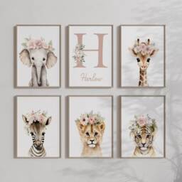 Safari Floral Animals, Nursery Prints, Nursery Decor, Girls, Baby, Pink Nursery, Jungle Decor, Boho Nursery, Toddler Bedroom, Playroom, Kids, Wall - thumbnail 3
