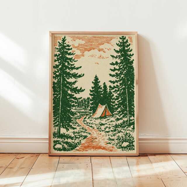Forest Trail Poster - Linocut Camping Art Print Green & Orange Landscape - image 1
