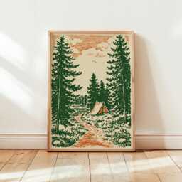 Forest Trail Poster - Linocut Camping Art Print Green & Orange Landscape - thumbnail 1