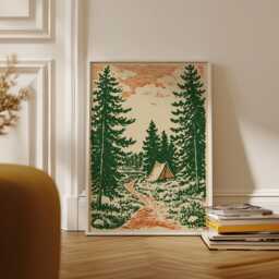 Forest Trail Poster - Linocut Camping Art Print Green & Orange Landscape - thumbnail 2