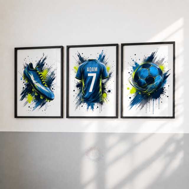 Football Prints - Personalised Boys Bedroom Decor, Custom Soccer Wall Art Set Of 3 - image 1