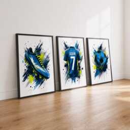 Football Prints - Personalised Boys Bedroom Decor, Custom Soccer Wall Art Set Of 3 - thumbnail 2
