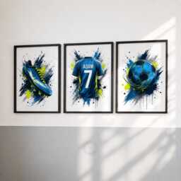Football Prints - Personalised Boys Bedroom Decor, Custom Soccer Wall Art Set Of 3 - thumbnail 1
