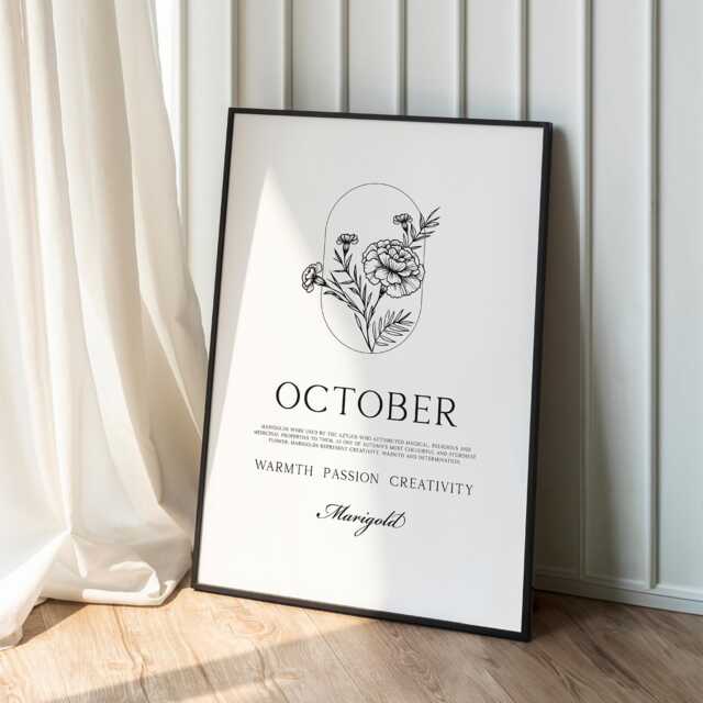 October Birth Flower Print Marigold Meaning Minimal Line Wall Art, Libra Scorpio Birthday Gift - image 1