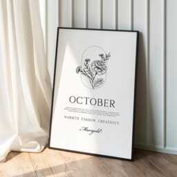 October Birth Flower Print Marigold Meaning Minimal Line Wall Art, Libra Scorpio Birthday Gift - thumbnail 1