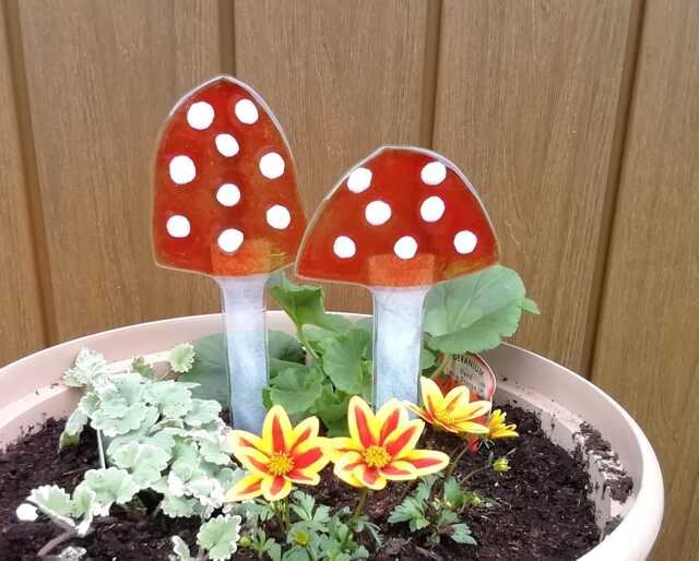 Fused Glass Toadstool Garden Stakes Colorful Plant Pot Decoration, Set Of Two - image 1
