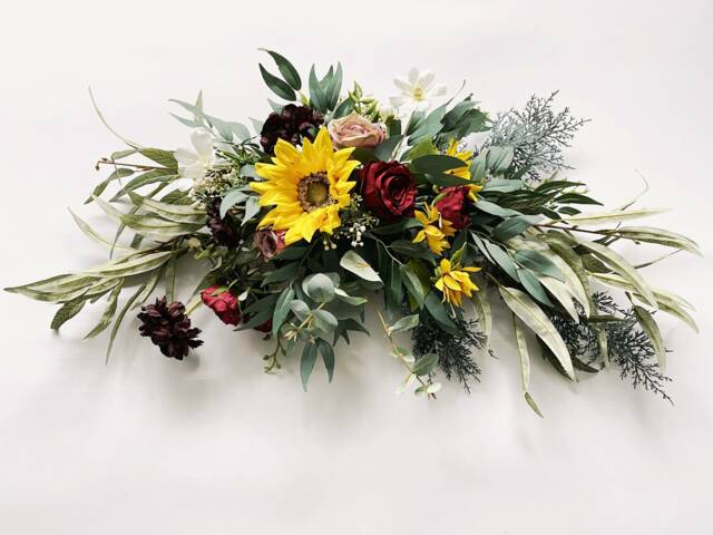 Yellow Sunflower & Brugundy Rose Swag, Wedding Arch Decor, Farmhouse Wall Rustic Fall Home Decor, Silk Flower Swag - image 1