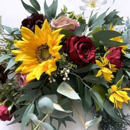 Yellow Sunflower & Brugundy Rose Swag, Wedding Arch Decor, Farmhouse Wall Rustic Fall Home Decor, Silk Flower Swag - thumbnail 3