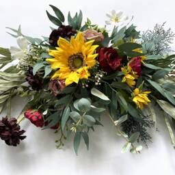 Yellow Sunflower & Brugundy Rose Swag, Wedding Arch Decor, Farmhouse Wall Rustic Fall Home Decor, Silk Flower Swag - thumbnail 2