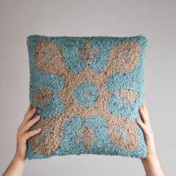 Hand Tufted Punch Needle Pillow Beige & Turquoise Embroidered Cushion - thumbnail 4