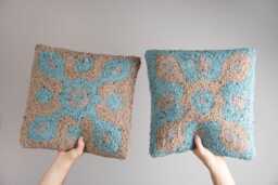 Hand Tufted Punch Needle Pillow Beige & Turquoise Embroidered Cushion