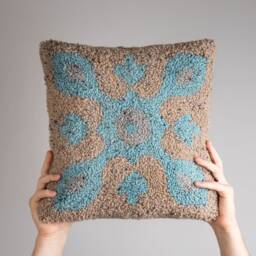 Hand Tufted Punch Needle Pillow Beige & Turquoise Embroidered Cushion - thumbnail 2