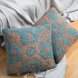 Hand Tufted Punch Needle Pillow Beige & Turquoise Embroidered Cushion - thumbnail 3