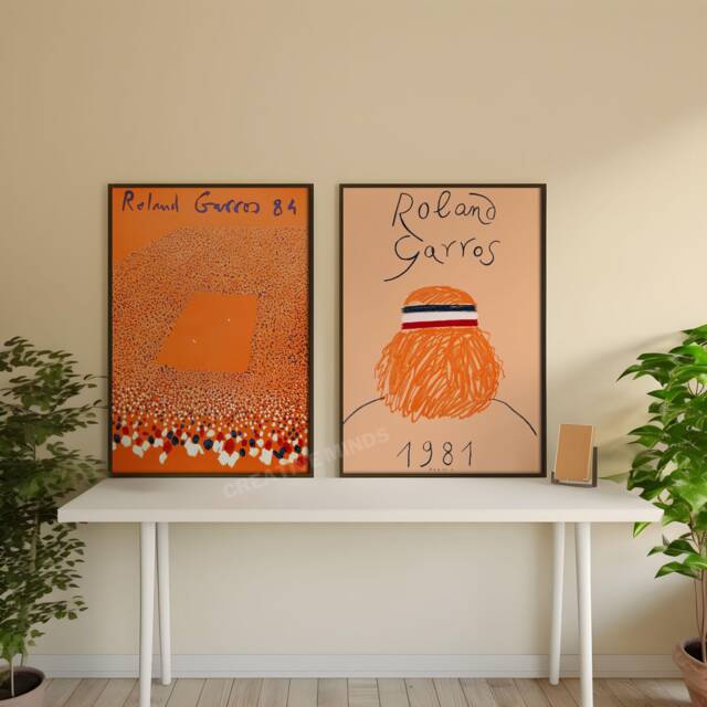 Tennis Art Set Of 2 Wall Framed/Unframed & Canvas, Vintage Poster, Roland Garros 1980 Classic Print - image 1