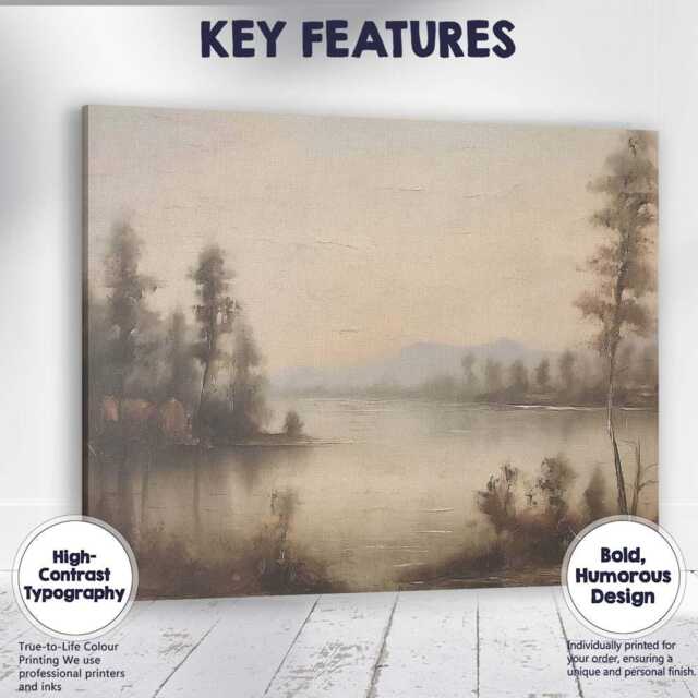 Minimalist Tranquil Lakeside Horizon Neutral Landscape Painting Canvas Wall Art Print Decor Picture Ready To Hang - image 1