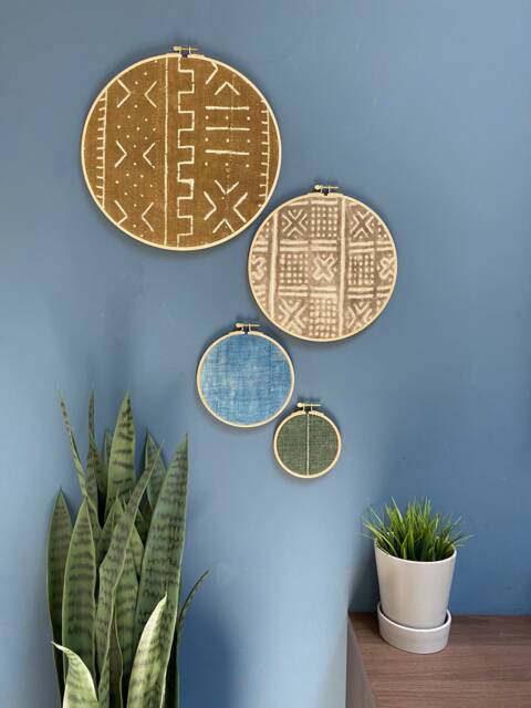 Set Of 4 - African Mudcloth Textile Gallery Wall Art Wood Circle Frame Various Sizes, Modern Boho, Authentic Vintage - image 1