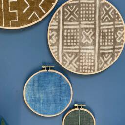 Set Of 4 - African Mudcloth Textile Gallery Wall Art Wood Circle Frame Various Sizes, Modern Boho, Authentic Vintage - thumbnail 3