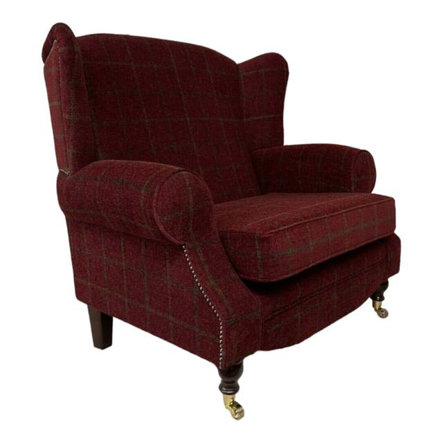 Snuggle Wing Back Chair - Lana Claret Check Fabric Dark Wood Brass Castor Legs - image 1