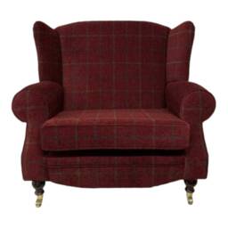 Snuggle Wing Back Chair - Lana Claret Check Fabric Dark Wood Brass Castor Legs - thumbnail 2