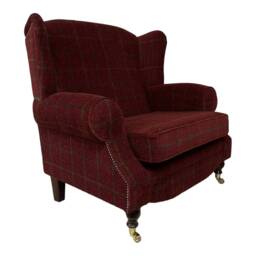 Snuggle Wing Back Chair - Lana Claret Check Fabric Dark Wood Brass Castor Legs