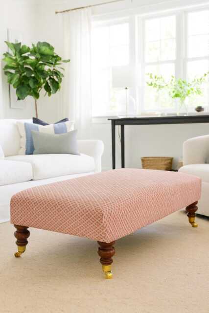 Linen Upholstered Footstool Ottoman - Vintage Modern Coffee Table With Castor Legs - image 1