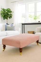 Linen Upholstered Footstool Ottoman - Vintage Modern Coffee Table With Castor Legs - thumbnail 1