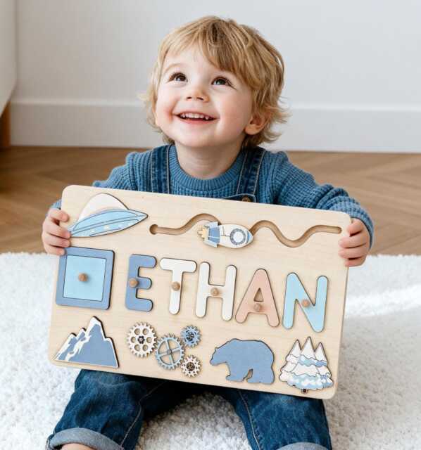 Personalized Baby Name Puzzle, Custom Kids Busy Board, Early Learning Birthday Gift For Kids, Shower Gift, Christmas - image 1