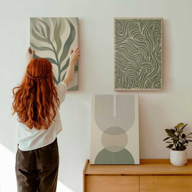 Canvas Art Set Of 3 - Leaves & Geometric Shapes Abstract, Green Large Wall Art, Abstract Hanging Piece - image 1