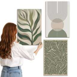 Canvas Art Set Of 3 - Leaves & Geometric Shapes Abstract, Green Large Wall Art, Abstract Hanging Piece - thumbnail 3