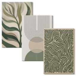 Canvas Art Set Of 3 - Leaves & Geometric Shapes Abstract, Green Large Wall Art, Abstract Hanging Piece - thumbnail 2