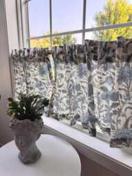 Lacefield Blue Floral Vintage Style Printed Drapery Fabric , Block Print Floral Pattern Cafe Curtain, Kitchen Bathroom Curtain - thumbnail 1