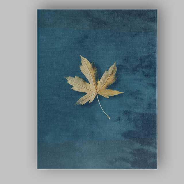 Minimalist Golden Autumn Maple Leaf On Deep Blue Background Canvas Wall Art Print Decor Picture Ready To Hang - image 1