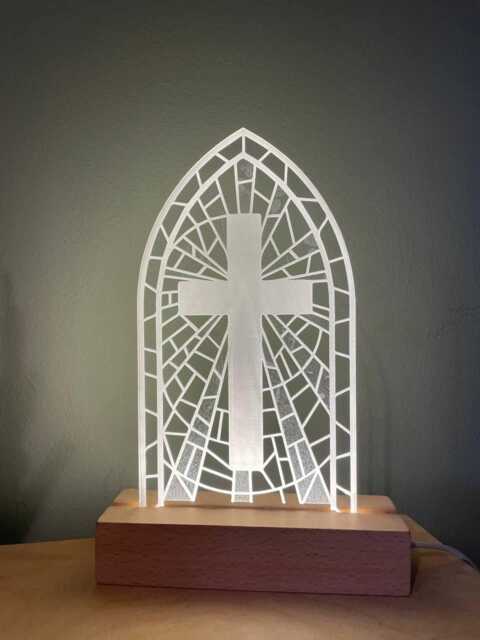 Wooden Light Stained Glass Cross Night Light Engraved Acrylic Window Design - image 1
