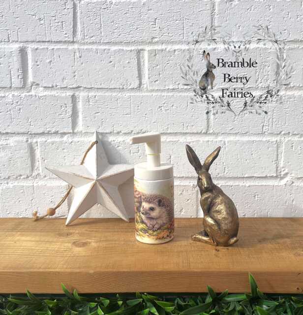 Soap Dispenser Hand Wash Lotion Hedgehog Toadstools Mushrooms Woodland Forest Leaves Decoupaged Glass Handmade - image 1