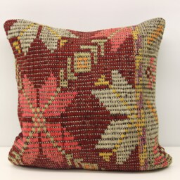 Handmade Kilim Pillow Cover 18x18, Vintage Anatolian Oriental Design - thumbnail 1