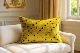 Handwoven Mustard Yellow Ikat Pillow Silk Velvet Accent - thumbnail 1