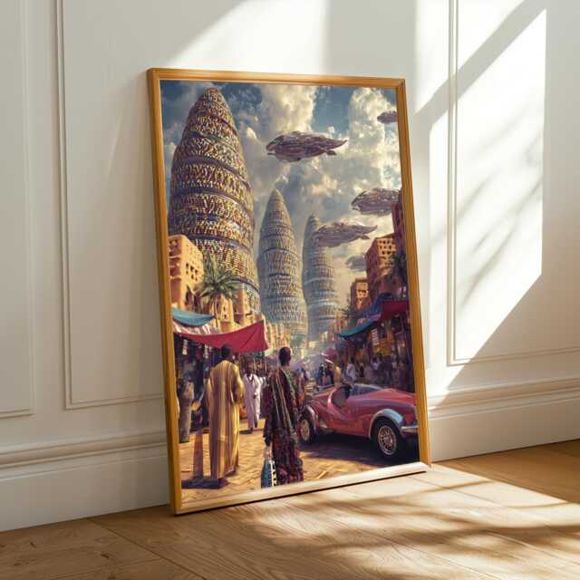 Afrofuturism Art Print Sci-Fi Cityscape, Gold, Red & Blue - Poster Only - image 1