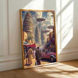 Afrofuturism Art Print Sci-Fi Cityscape, Gold, Red & Blue - Poster Only - thumbnail 1
