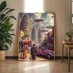 Afrofuturism Art Print Sci-Fi Cityscape, Gold, Red & Blue - Poster Only - thumbnail 2