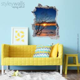 Sunset Wall Decal, Mural Decor, Hole in The 3D Effect Sticker, Broken Office Room Decor