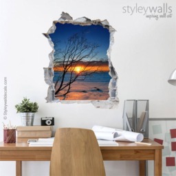 Sunset Wall Decal, Mural Decor, Hole in The 3D Effect Sticker, Broken Office Room Decor - thumbnail 2