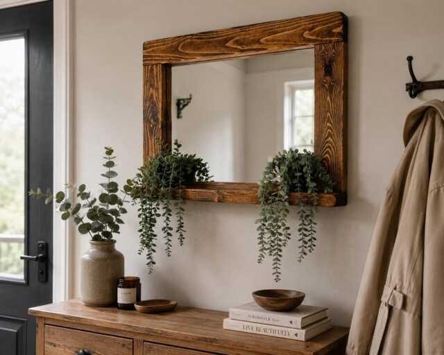 Rustic Wall Mirror With Shelf - Handmade Oak Entryway - image 1