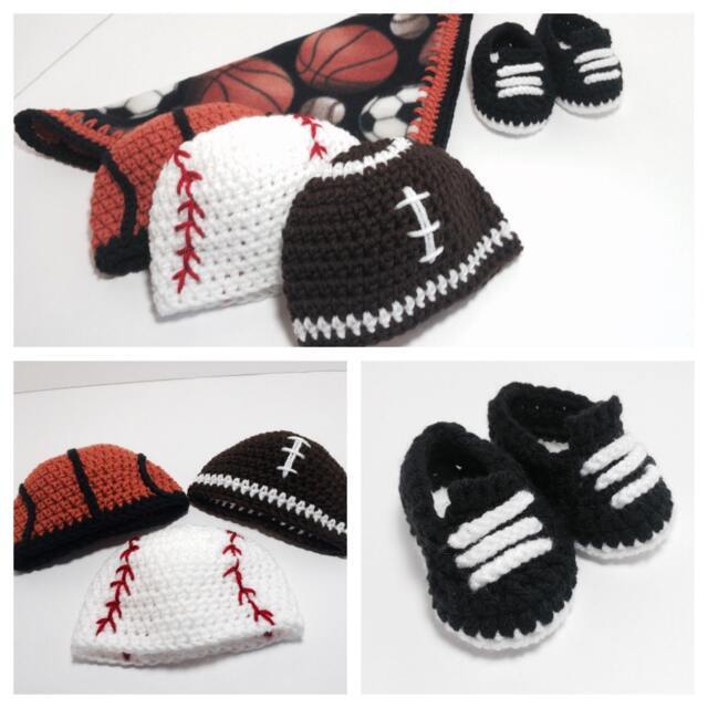 Sports Themed Fleece Baby Blanket Set Comes With 3 Hats, Blanket, Booties & Lovey - Baseball, Basketball Football - image 1